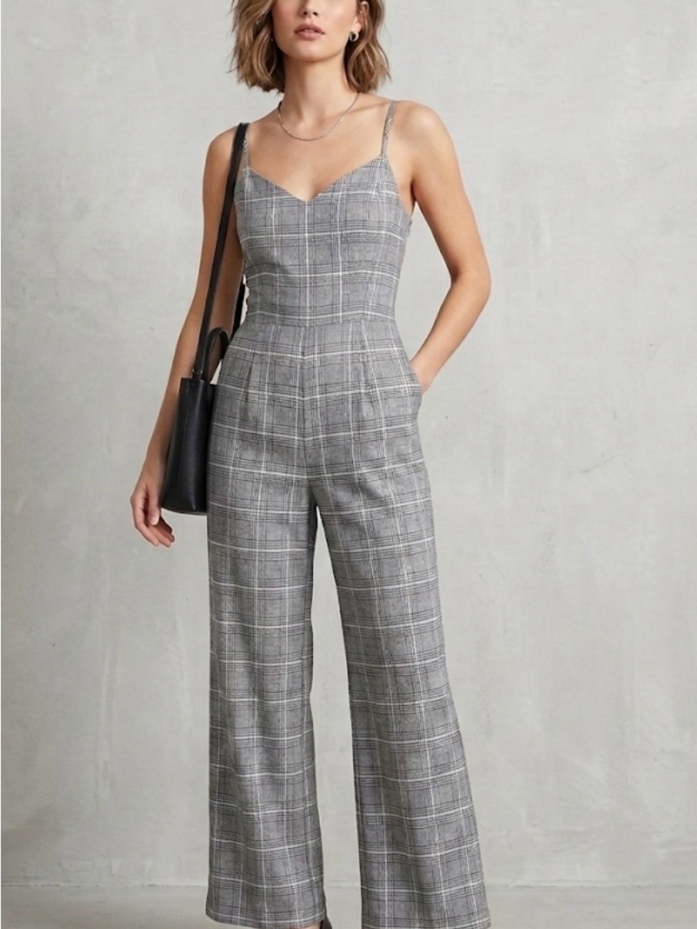 Honey Punch Gray Plaid Wide-Leg Jumpsuit